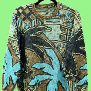 Vintage 90s Bill Brady Tropical Knit Sweater – Bold Abstract Palm Tree Design
